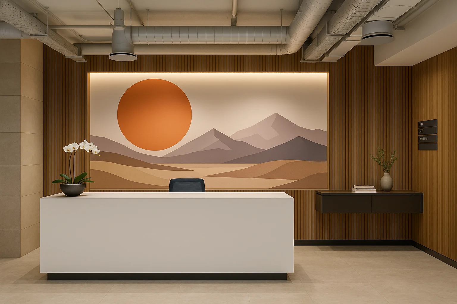 Modern corporate office lobby featuring a minimalist reception desk, bespoke feature wall artwork, timber panelling and contemporary commercial interior design.