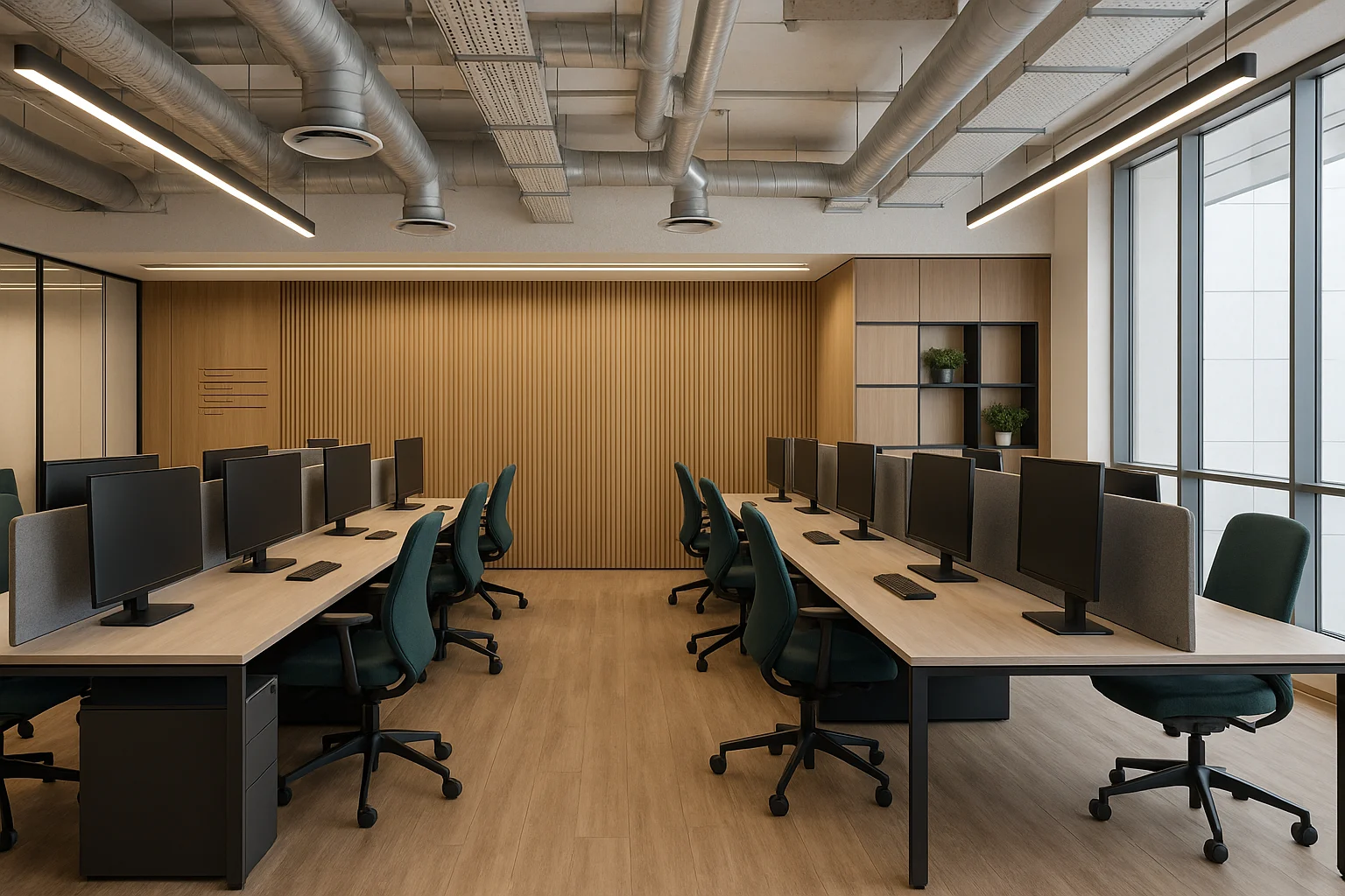 Modern office workstation area featuring ergonomic desks, dual monitor workstations, timber acoustic wall panels and contemporary commercial interior design.