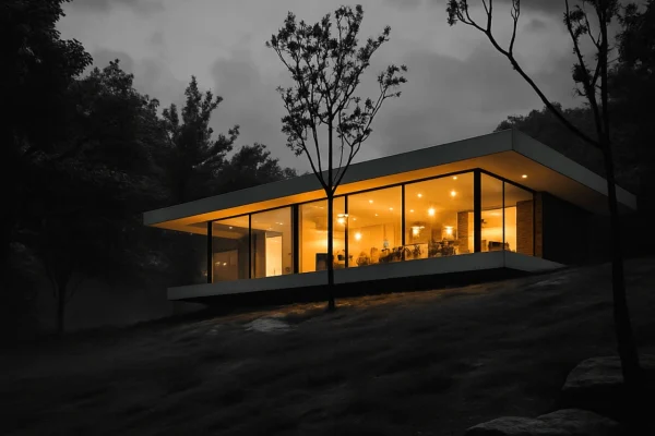 Modern Glass Villa on Forested Slope – Anantē Architecture, Alibaug Glass-fronted modern villa with cantilevered roof and warm interior lighting by Anantē Architecture, nestled in a forested hillside near Alibaug.