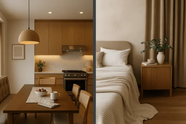 Warm wooden kitchen and serene neutral-toned bedroom designed by Anantē Designs for a modern luxury apartment in Pune.